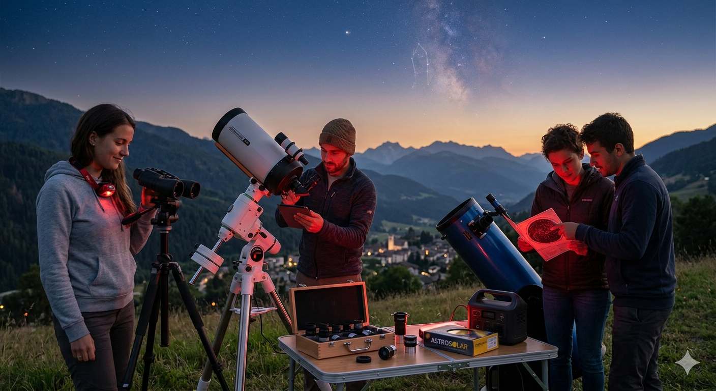 Un gruppo di astrofili di notte su una collina con vari strumenti astronomici: un grande binocolo su treppiede, un telescopio rifrattore su montatura equatoriale e un telescopio Dobson. Su un tavolo ci sono oculari in una valigetta di legno e una torcia a luce rossa. Sullo sfondo, montagne e un cielo stellato con la Via Lattea.