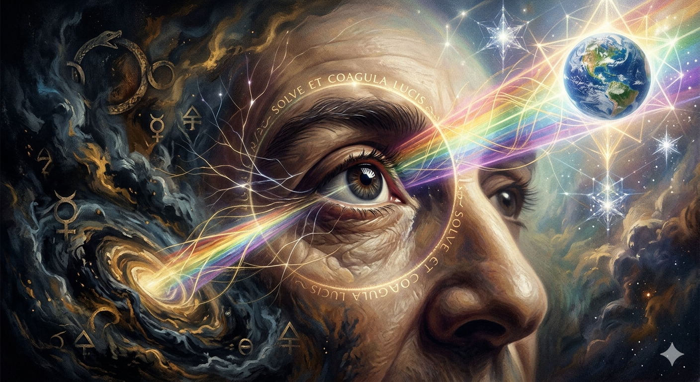 Un primo piano evocativo di un occhio umano saggio che funge da prisma centrale. Un raggio arcobaleno di luce strutturata attraversa la pupilla, transizionando da un cosmo scuro e caotico (Nigredo) a sinistra, pieno di simboli alchemici e una spirale di buio, verso un universo ordinato e luminoso a destra, che culmina in una vista brillante della Terra circondata da geometrie sacre e stelle cristalline. La frase "SOLVE ET COAGULA LUCIS" &egrave; incisa in un cerchio d'oro attorno all'occhio.