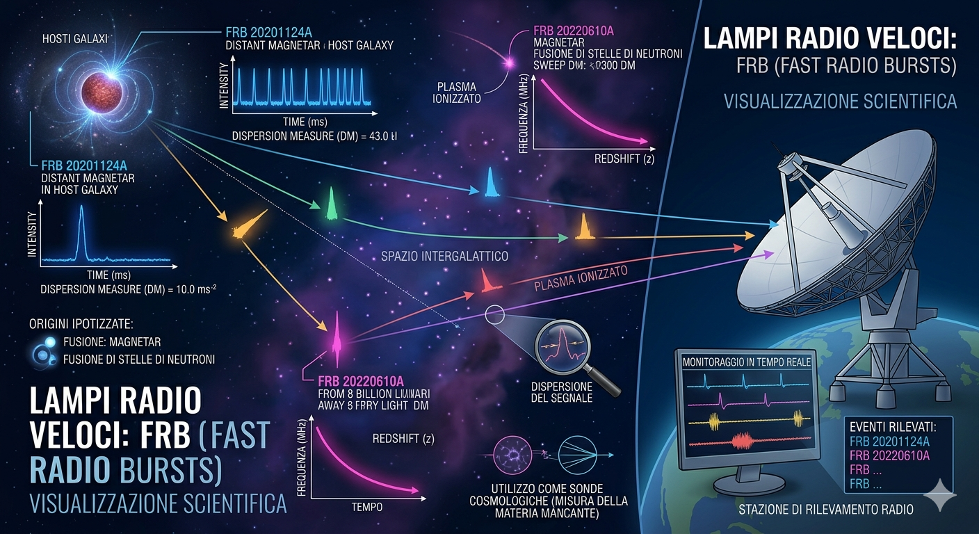 Infografica scientifica sui Lampi Radio Veloci (FRB). A sinistra, l'illustrazione di una magnetar emette impulsi di energia che viaggiano attraverso lo spazio intergalattico e il plasma ionizzato, subendo una dispersione del segnale. Al centro sono visibili grafici cartesiani che mostrano l'intensit&agrave; in millisecondi e la frequenza rispetto al redshift. Sulla destra, un grande radiotelescopio a parabola sulla Terra riceve i segnali, monitorati in tempo reale su uno schermo che elenca eventi rilevati come FRB 20201124A e FRB 20220610A.
