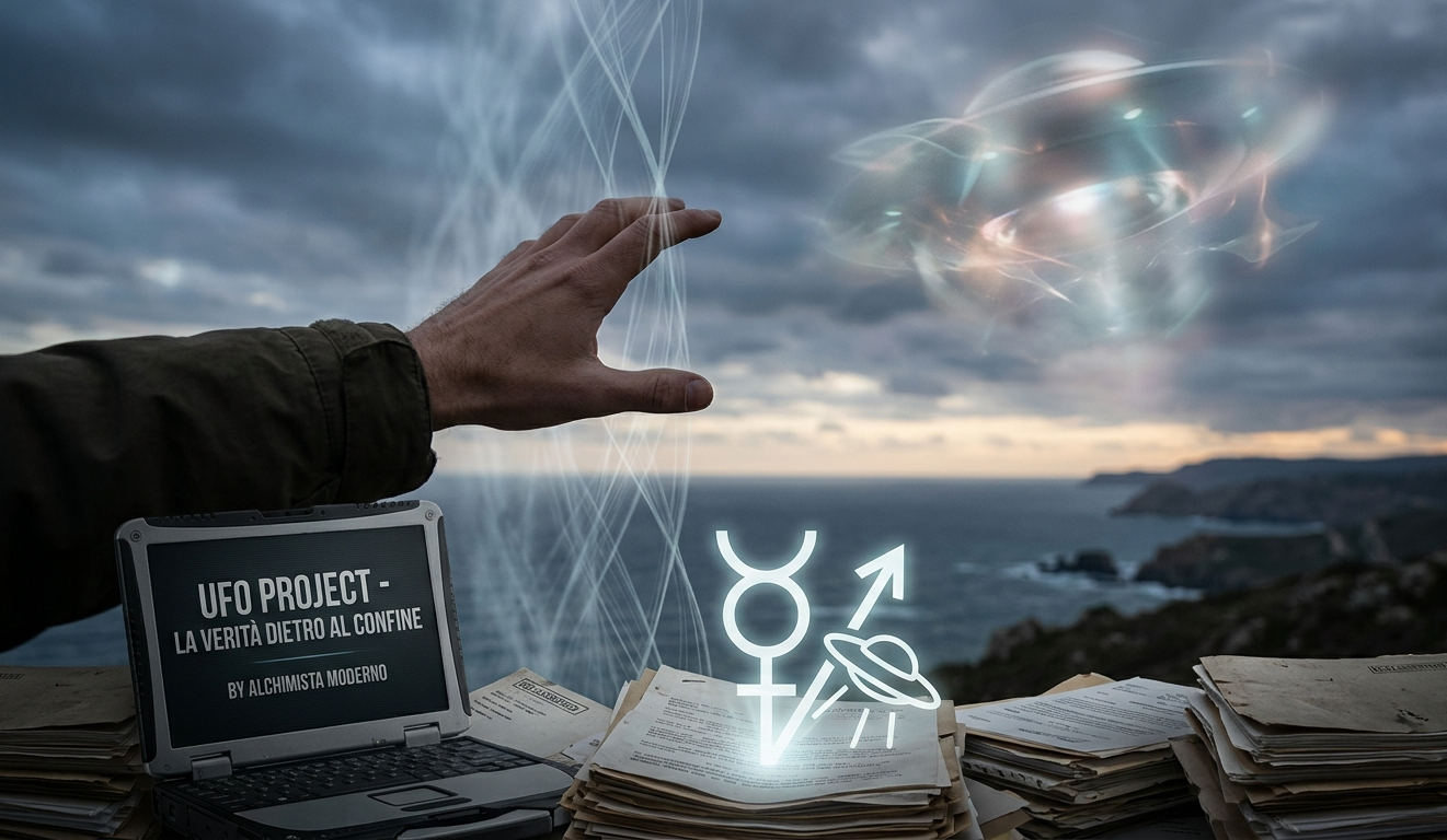 Scrivania all'aperto di fronte al mare con un laptop che mostra il titolo UFO Project, pile di documenti declassificati e una mano protesa verso un fenomeno UAP luminoso nel cielo nuvoloso.